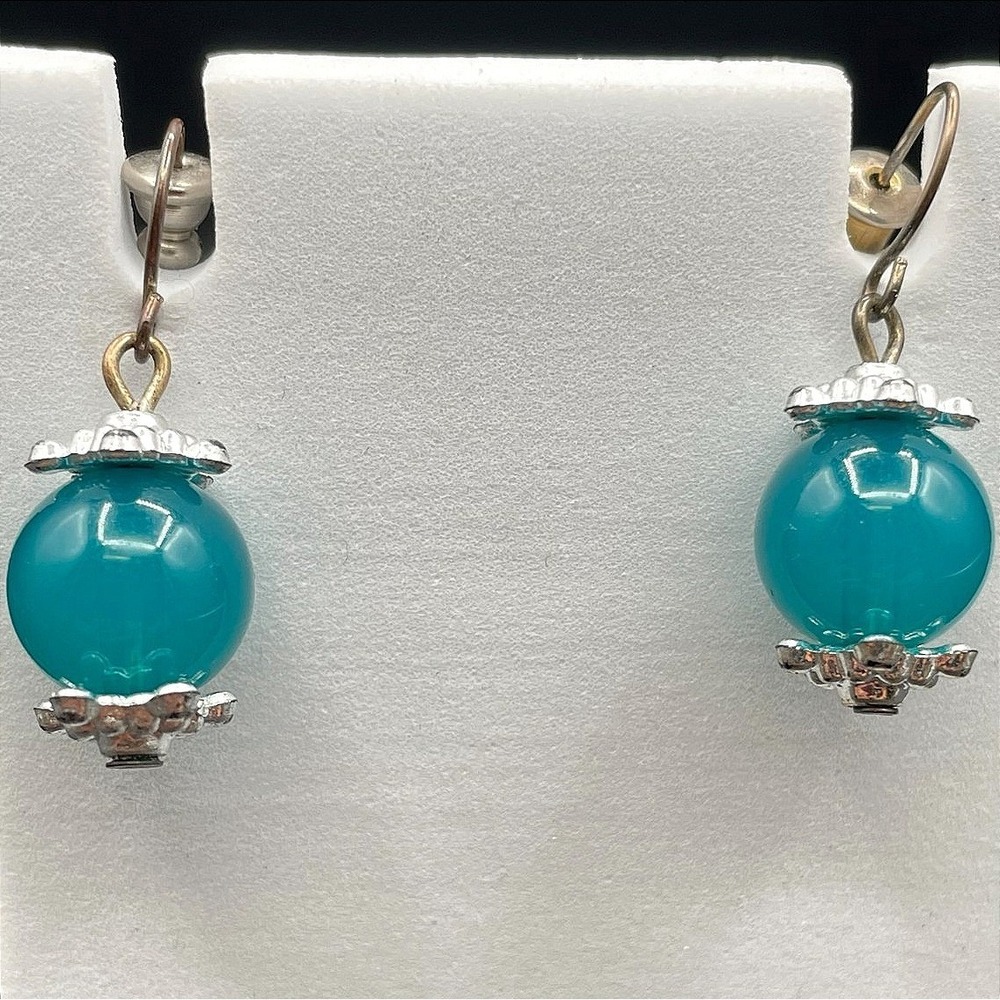 Vintage Blue Spherical Bead Silver-Tone‎ Fashion Retro Hook Dangle Drop Earrings